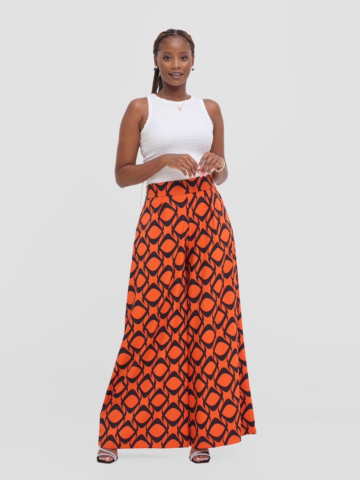 Vivo Basic Crepe Pants - Orange / Black Tiki Print - Shopzetu