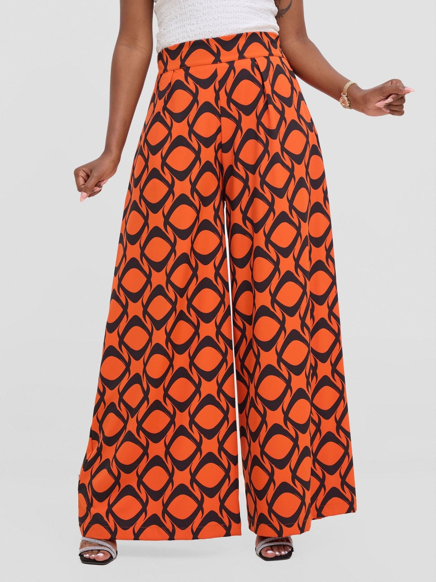 Vivo Basic Crepe Pants - Orange / Black Tiki Print - Shopzetu