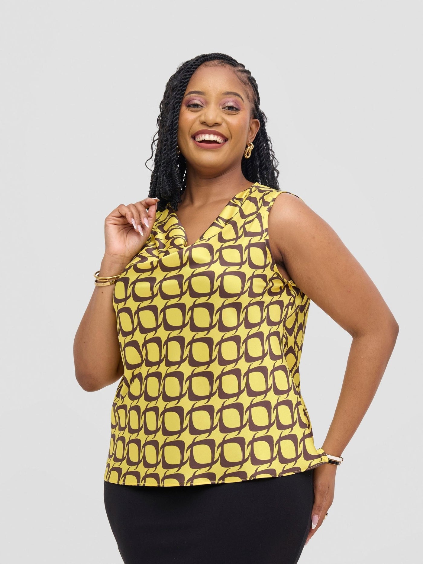 Vivo Isabi Cowl Top - Yellow / Chocolate Tiki Print - Shopzetu
