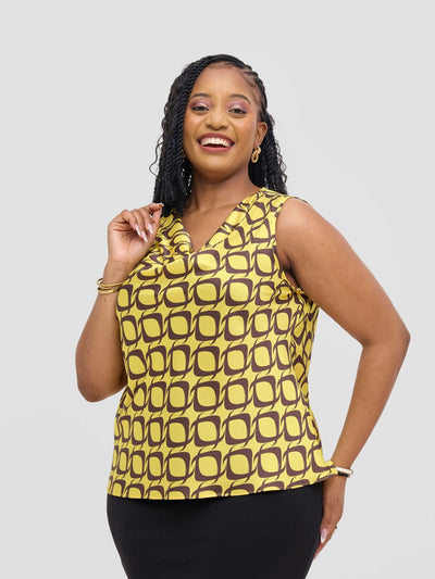 Vivo Isabi Cowl Top - Yellow / Chocolate Tiki Print - Shopzetu