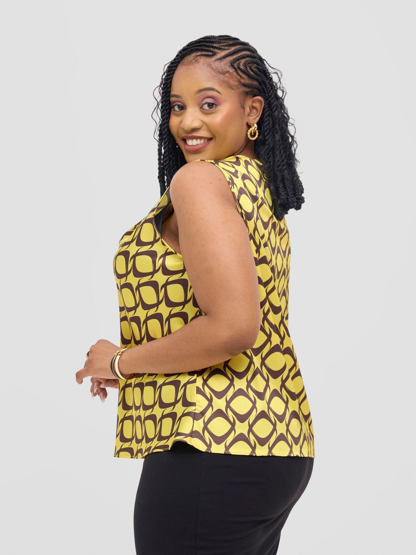Vivo Isabi Cowl Top - Yellow / Chocolate Tiki Print - Shopzetu
