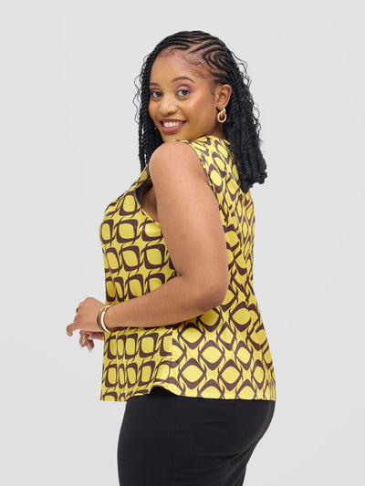 Vivo Isabi Cowl Top - Yellow / Chocolate Tiki Print - Shopzetu