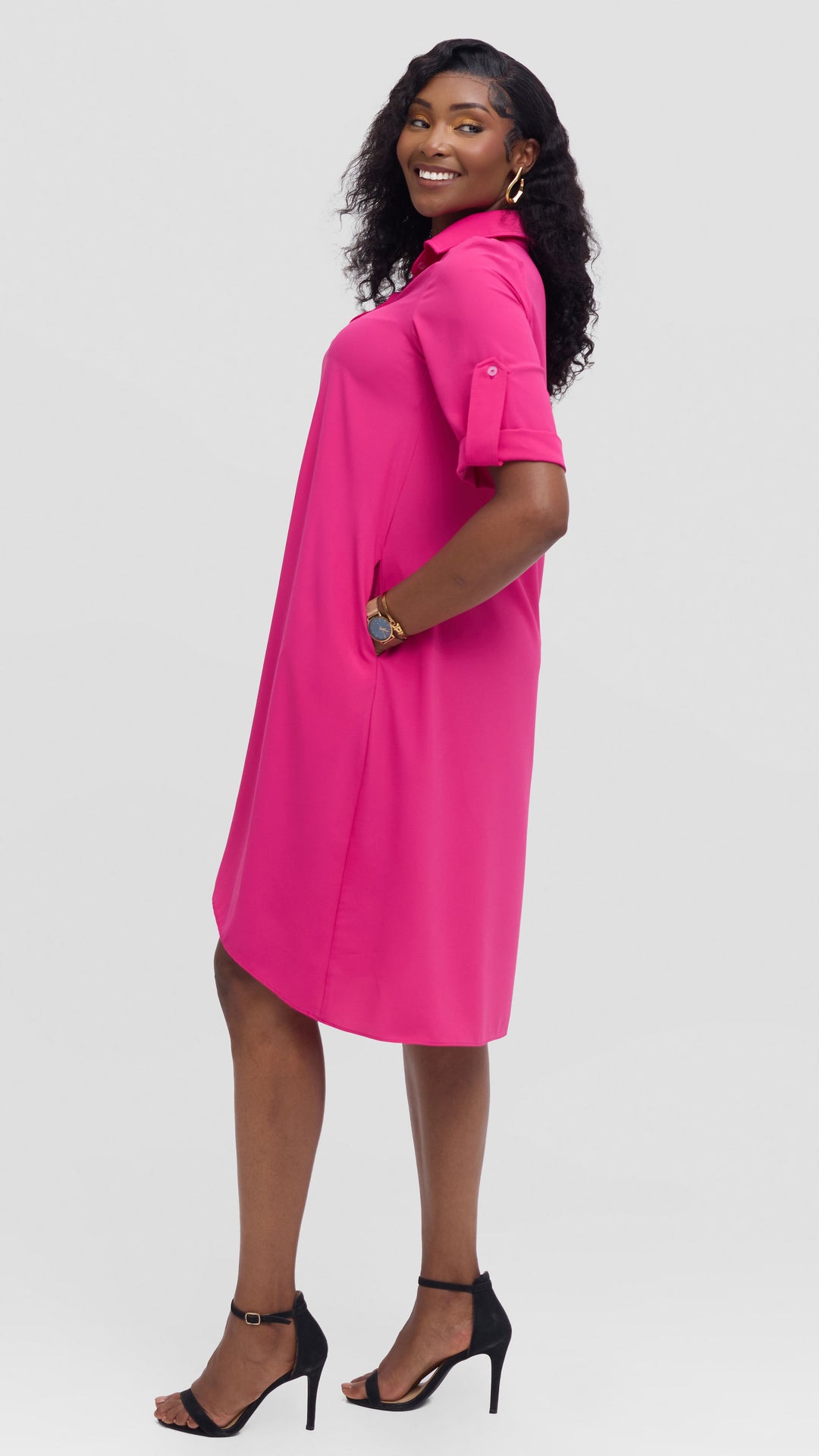 Vivo Ava 3/4 Sleeve Tent Shirt Dress in Crepe - Fuschia