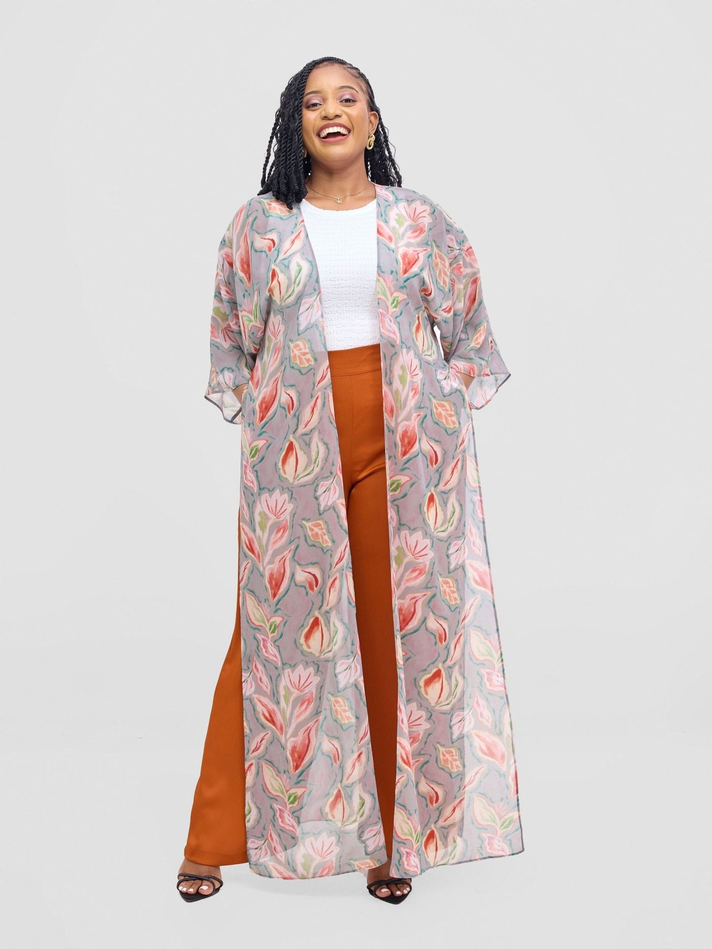 Vivo Basic Nandi High Slit Kimono - Grey / Pink Print - Shopzetu