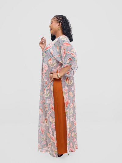 Vivo Basic Nandi High Slit Kimono - Grey / Pink Print - Shopzetu