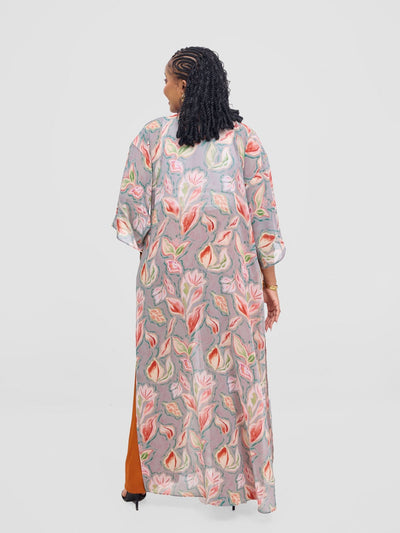 Vivo Basic Nandi High Slit Kimono - Grey / Pink Print - Shopzetu