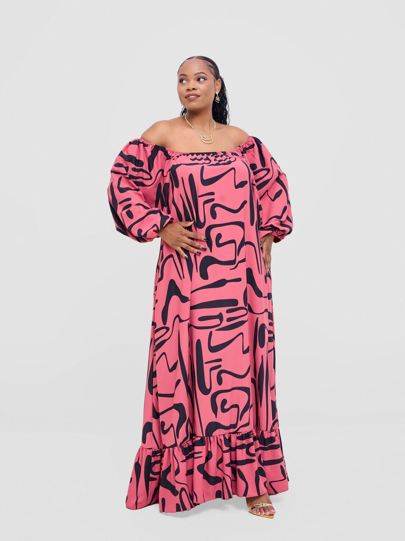 Vivo Serwa Square Neck Maxi Dress - Coral / Black Sera Print - Shopzetu