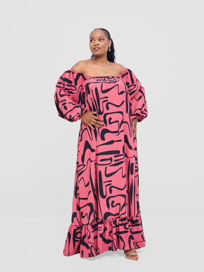 Vivo Serwa Square Neck Maxi Dress - Coral / Black Sera Print - Shopzetu