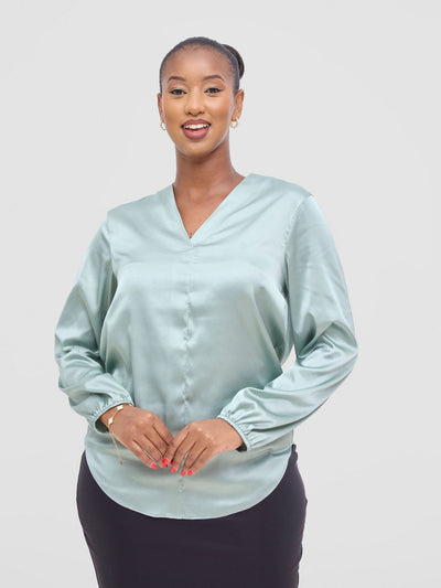 Vivo Dua Satin Bishop Sleeve Top - Dusty Green - Shopzetu