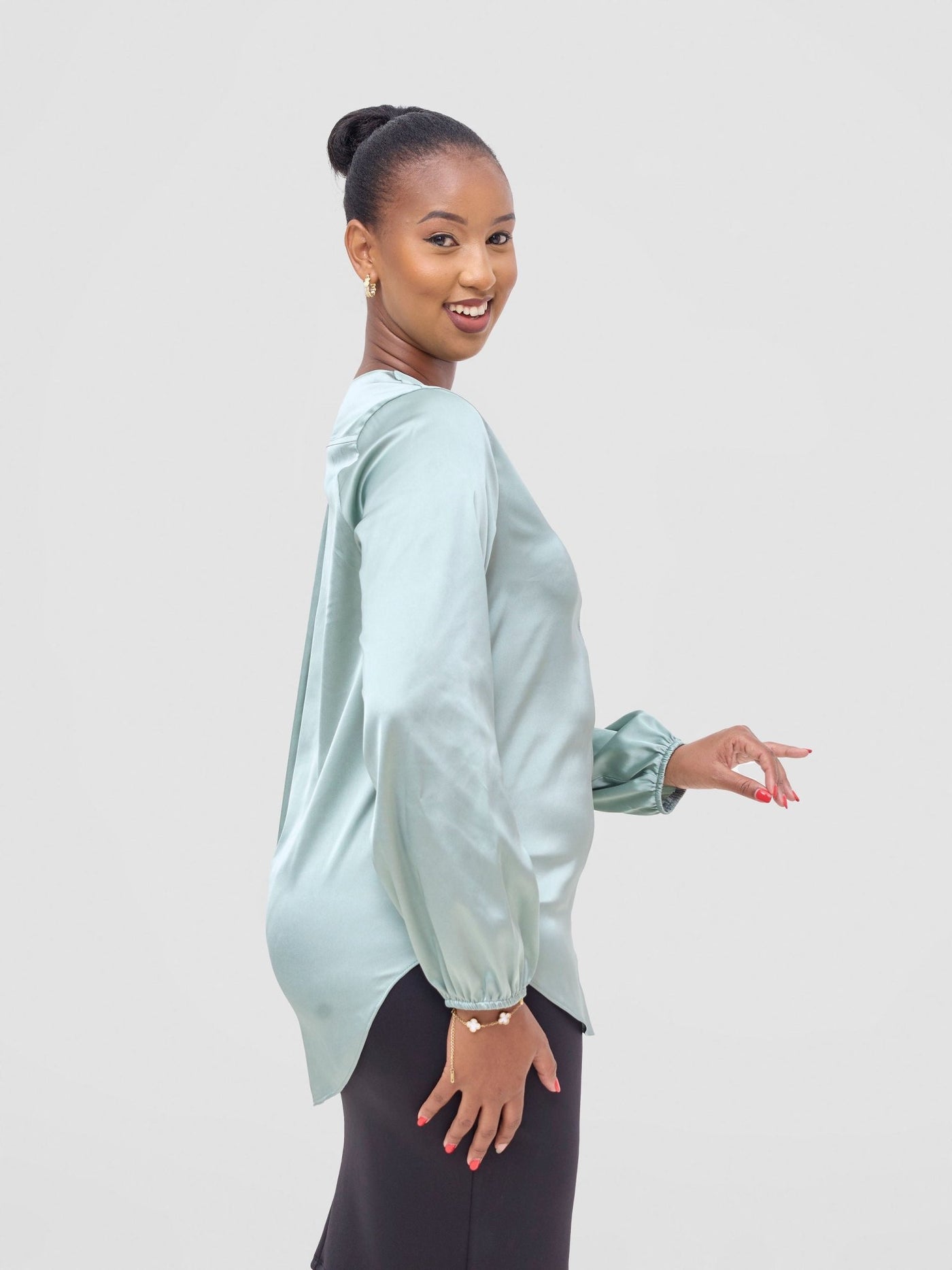 Vivo Dua Satin Bishop Sleeve Top - Dusty Green - Shopzetu
