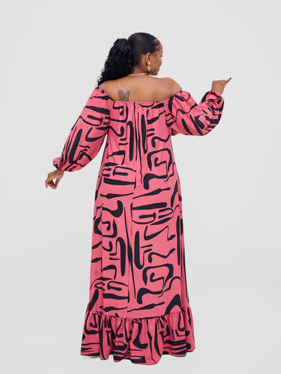Vivo Serwa Square Neck Maxi Dress - Coral / Black Sera Print - Shopzetu
