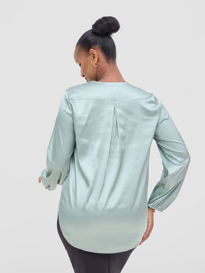 Vivo Dua Satin Bishop Sleeve Top - Dusty Green - Shopzetu