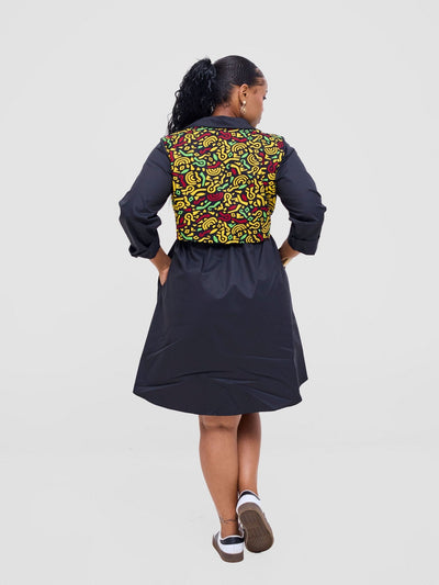 Safari Lira Drawstring Knee Length Dress - Black + Tafo Print - Shopzetu