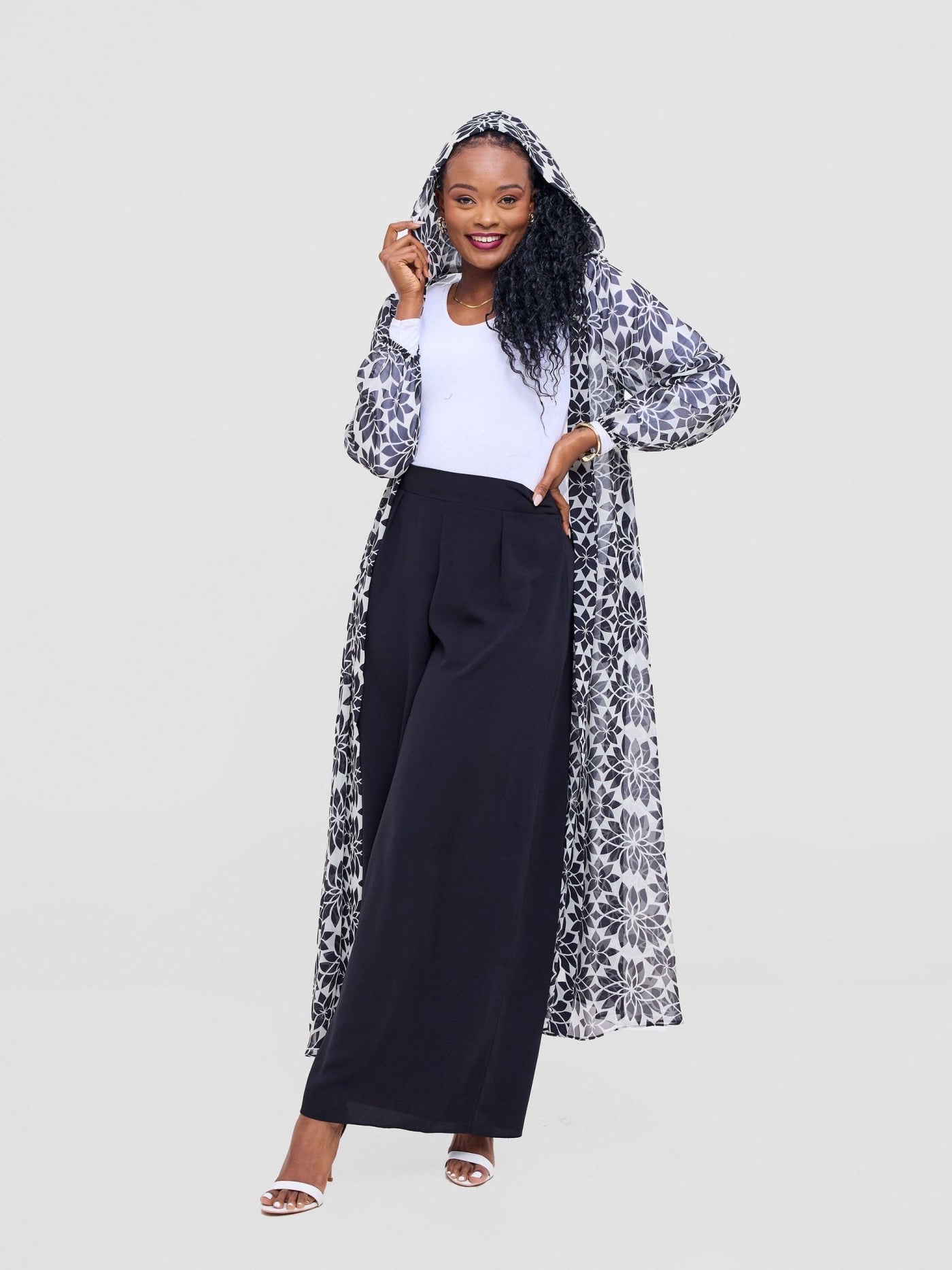 Vivo Basic Hooded Kimono - Beige / White Print - Shopzetu