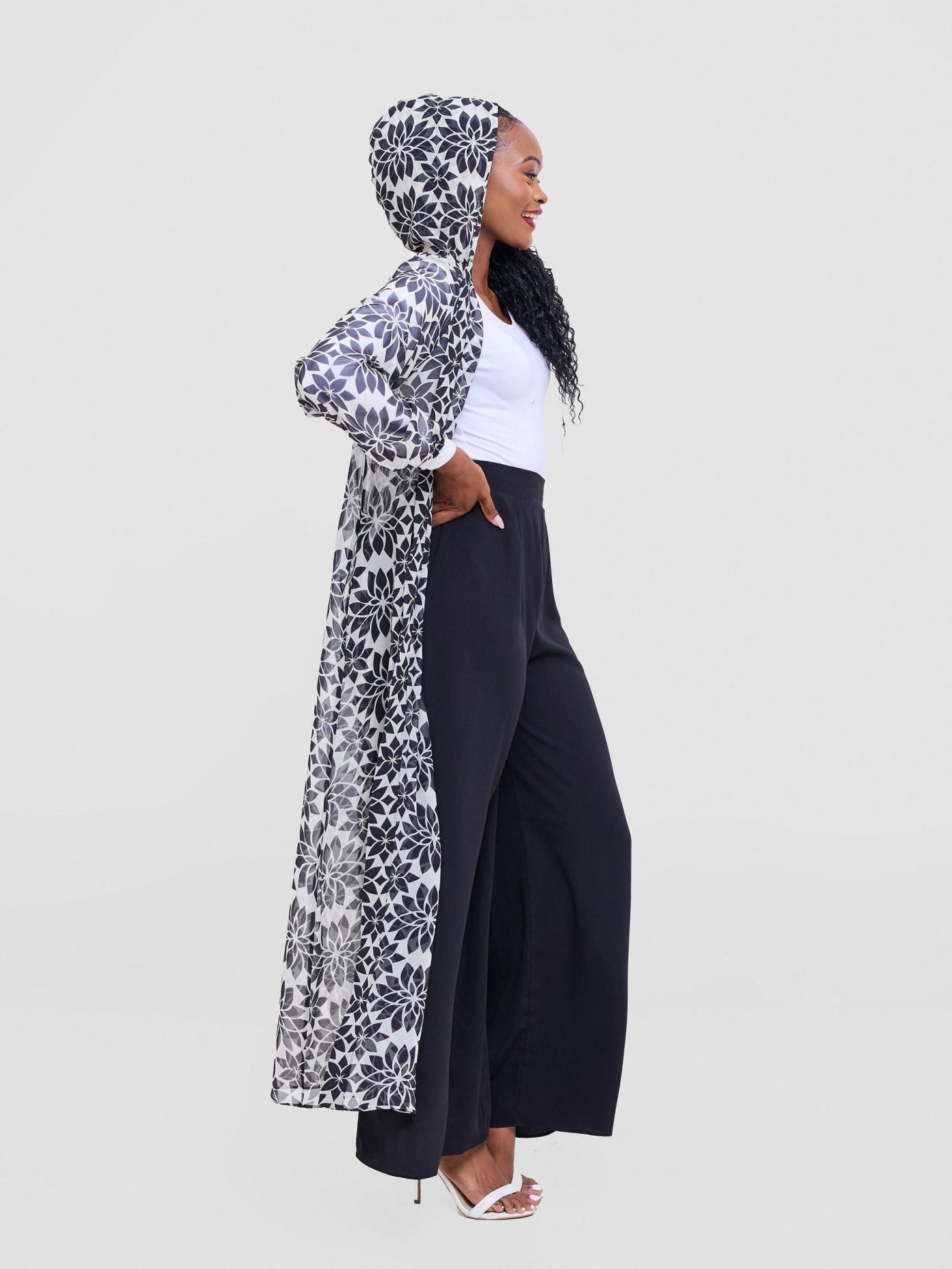 Vivo Basic Hooded Kimono - Beige / White Print - Shopzetu