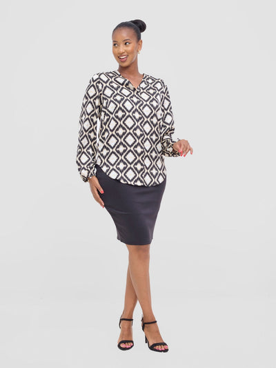 Vivo Dua Satin Bishop Sleeve Top - Beige / Black Ala Print - Shopzetu