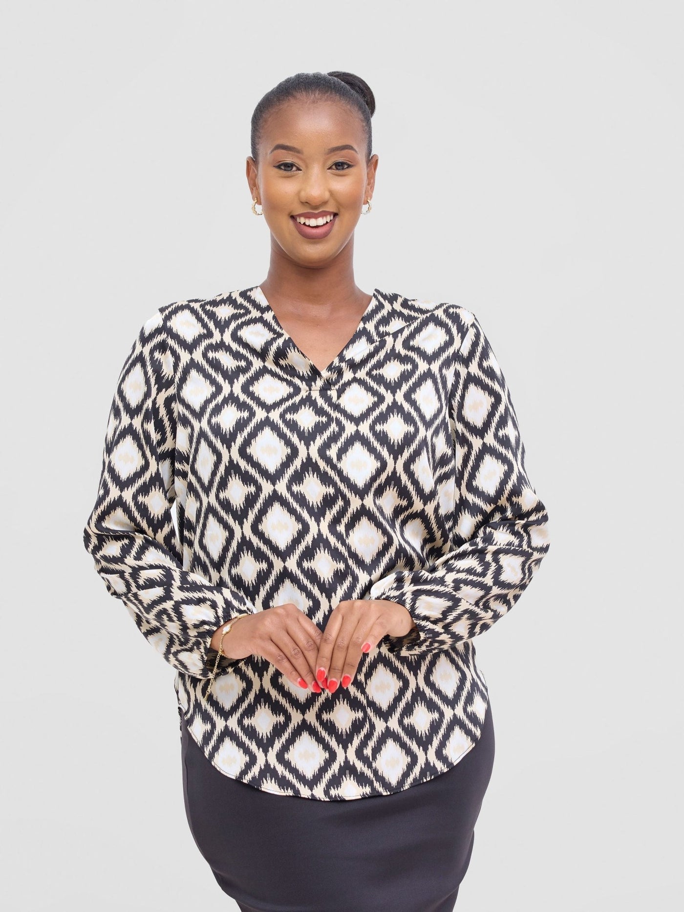 Vivo Dua Satin Bishop Sleeve Top - Beige / Black Ala Print - Shopzetu