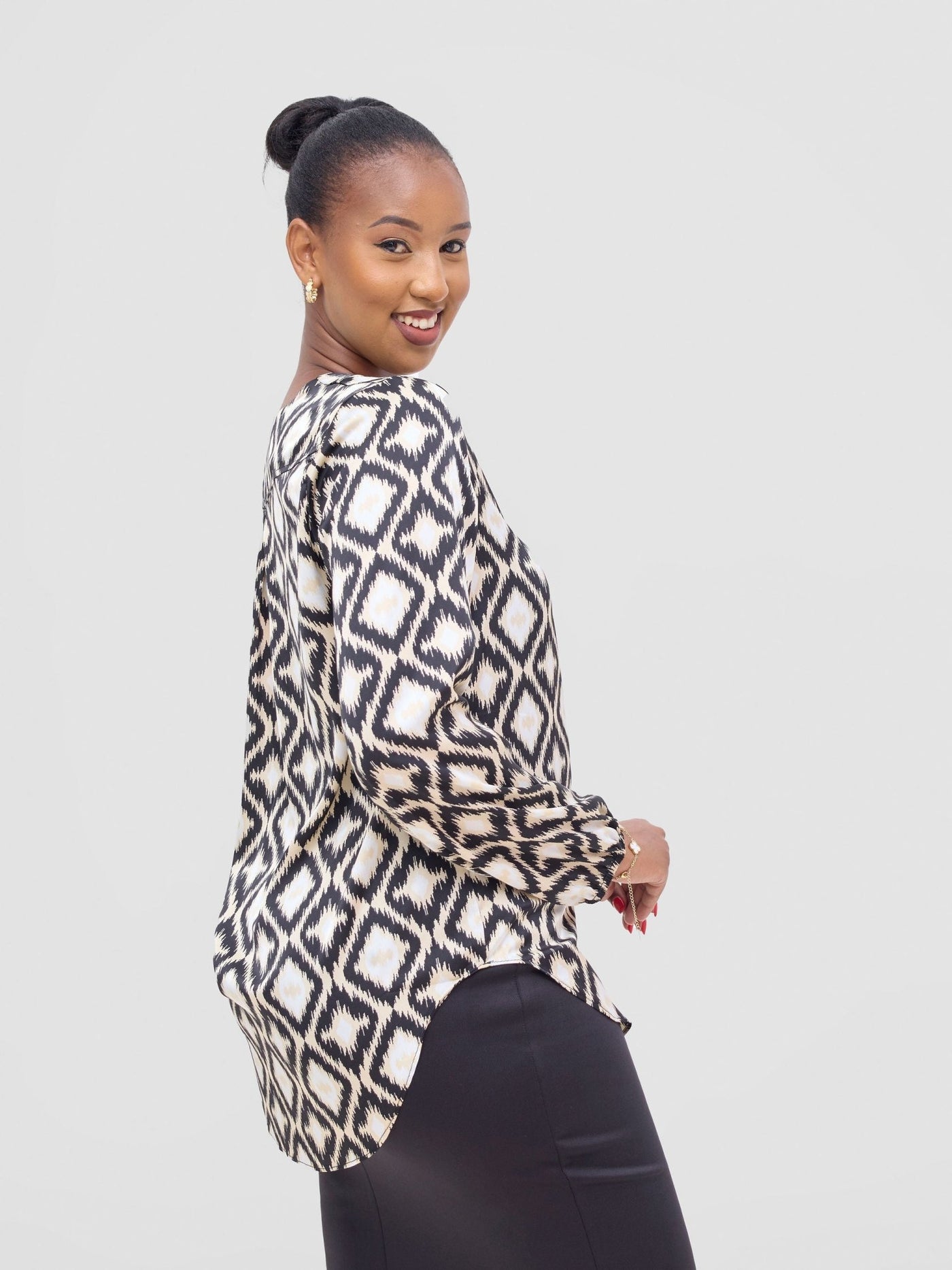 Vivo Dua Satin Bishop Sleeve Top - Beige / Black Ala Print - Shopzetu