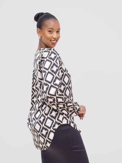 Vivo Dua Satin Bishop Sleeve Top - Beige / Black Ala Print - Shopzetu