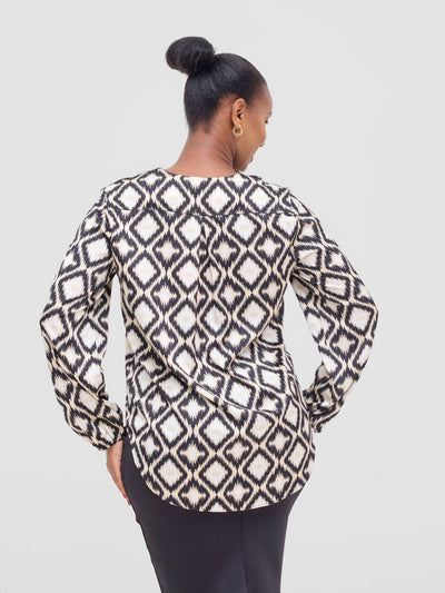 Vivo Dua Satin Bishop Sleeve Top - Beige / Black Ala Print - Shopzetu