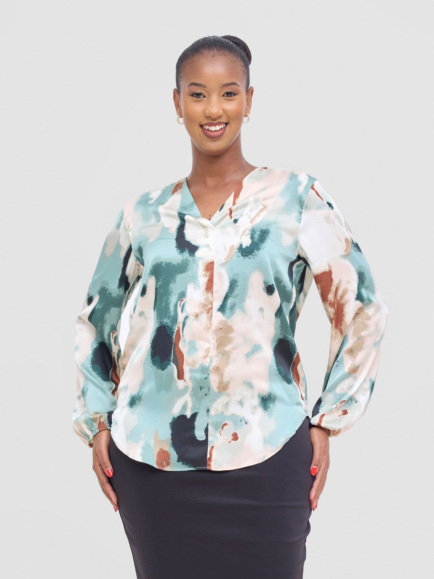 Vivo Dua Satin Bishop Sleeve Top - Cream / Light Green Print - Shopzetu