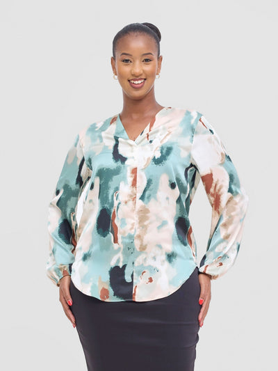 Vivo Dua Satin Bishop Sleeve Top - Cream / Light Green Print - Shopzetu