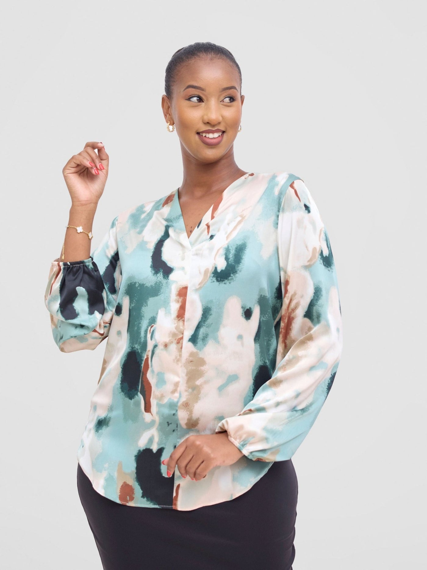 Vivo Dua Satin Bishop Sleeve Top - Cream / Light Green Print - Shopzetu