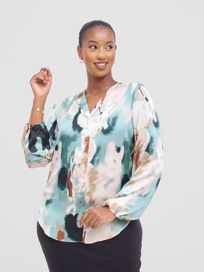 Vivo Dua Satin Bishop Sleeve Top - Cream / Light Green Print - Shopzetu