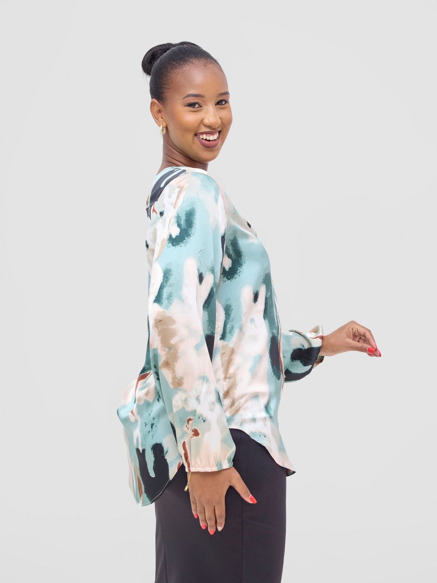 Vivo Dua Satin Bishop Sleeve Top - Cream / Light Green Print - Shopzetu