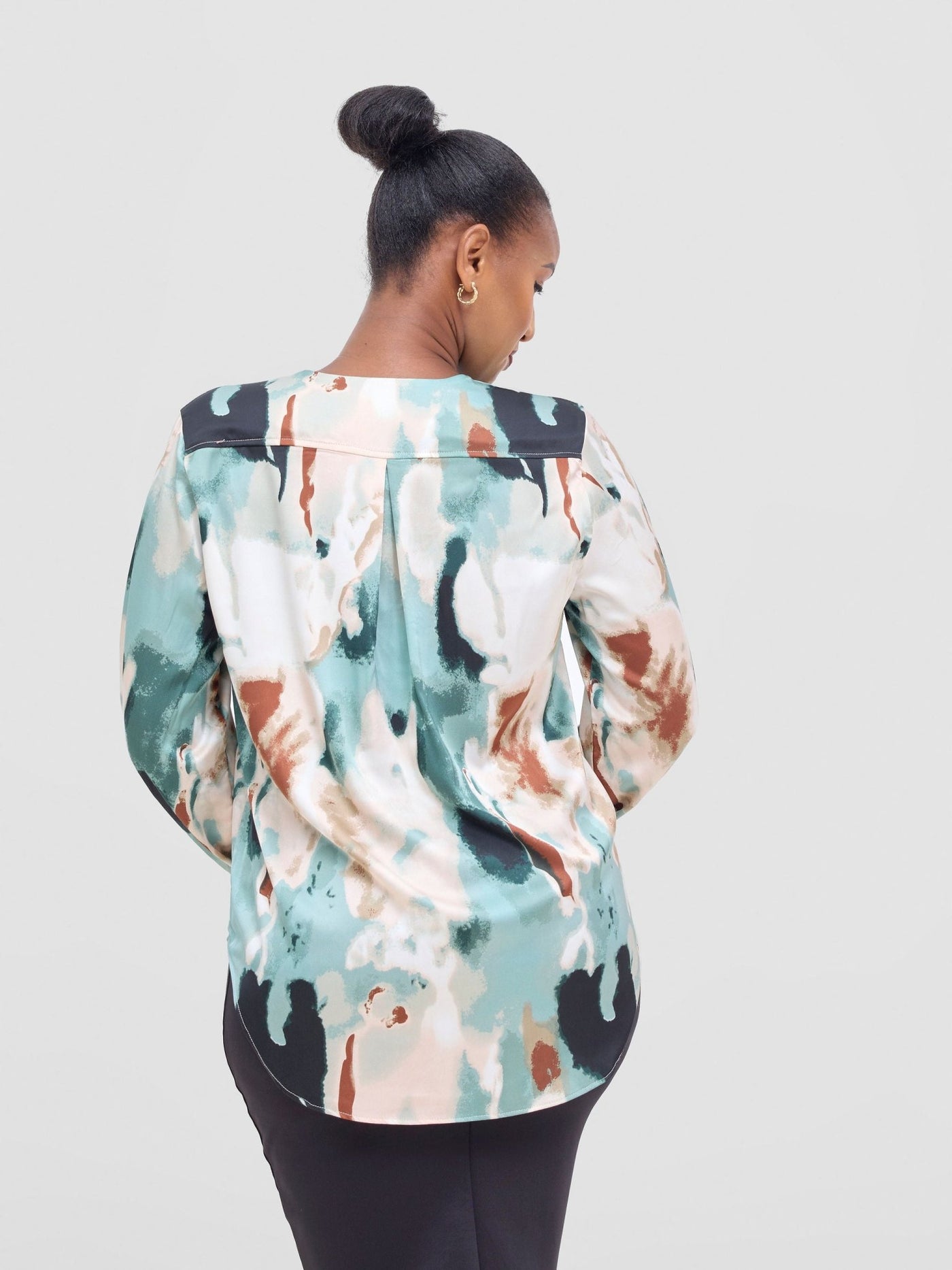Vivo Dua Satin Bishop Sleeve Top - Cream / Light Green Print - Shopzetu