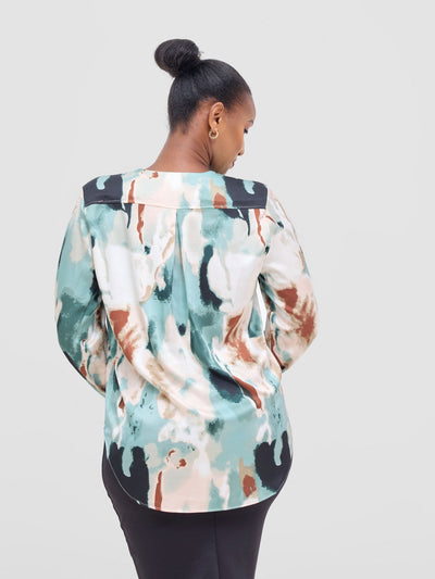 Vivo Dua Satin Bishop Sleeve Top - Cream / Light Green Print - Shopzetu
