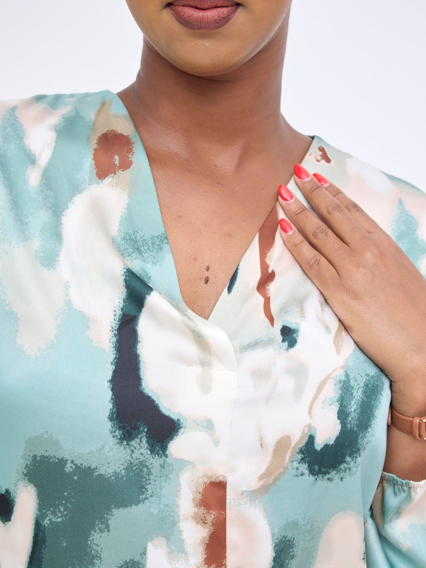 Vivo Dua Satin Bishop Sleeve Top - Cream / Light Green Print - Shopzetu