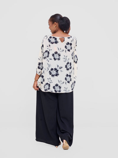 Vivo Sakari Circular Loose Top - Off - white / Black Crepe Print - Shopzetu