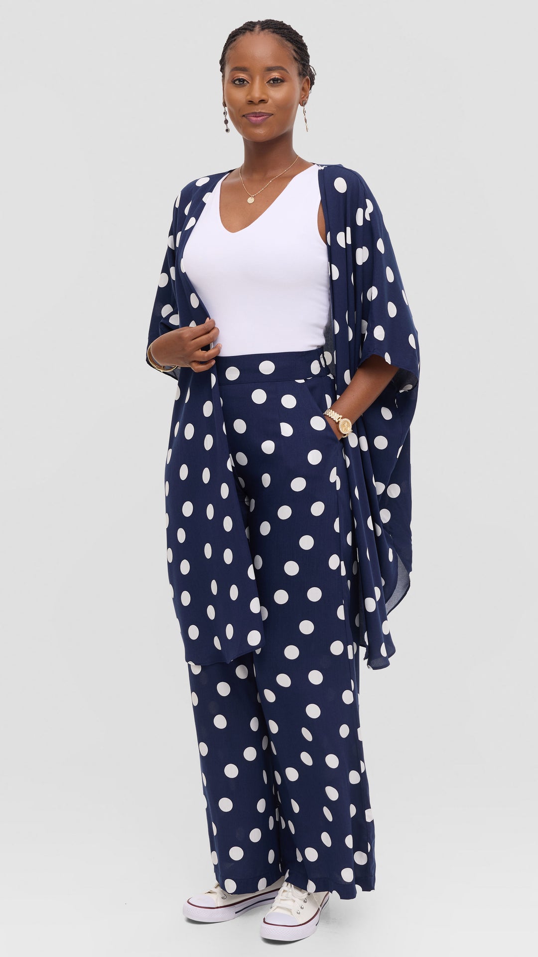 Vivo Samira Wide Kimono in Rayon - Navy / White Polka Dot