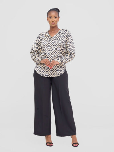 Vivo Dua Satin Bishop Sleeve Top - Black / Beige Lai Print - Shopzetu