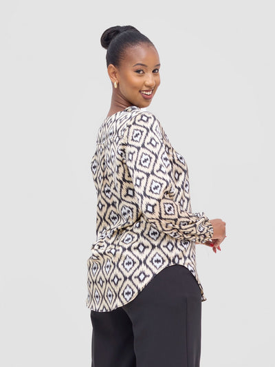 Vivo Dua Satin Bishop Sleeve Top - Black / Beige Lai Print - Shopzetu