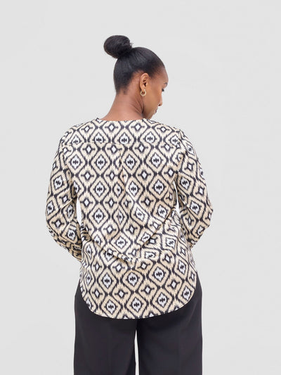 Vivo Dua Satin Bishop Sleeve Top - Black / Beige Lai Print - Shopzetu