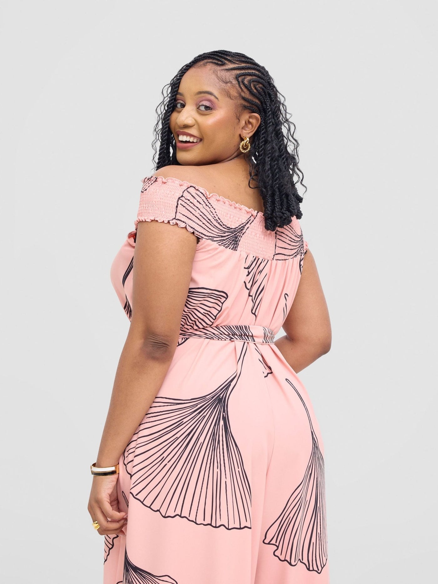 Vivo Alek Shirred Off - Shoulder Jumpsuit - Light Peach / Black Haro Print - Shopzetu