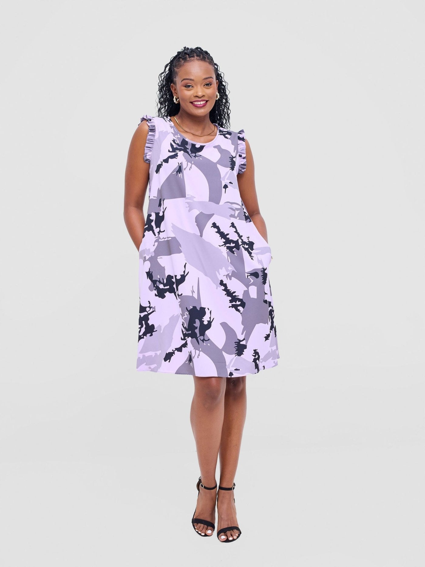 Vivo Ava Tent Knee Length Dress - Purple / Black Nurra Print - Shopzetu