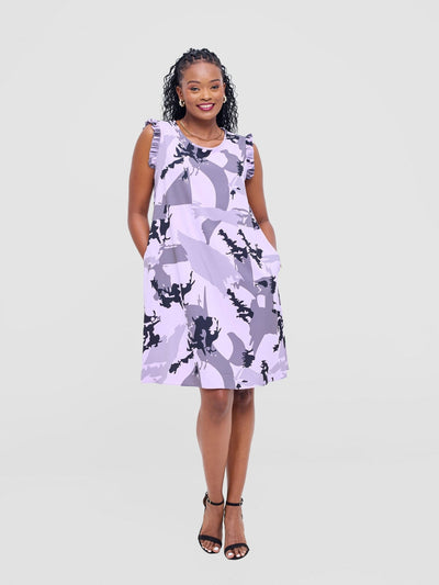Vivo Ava Tent Knee Length Dress - Purple / Black Nurra Print - Shopzetu