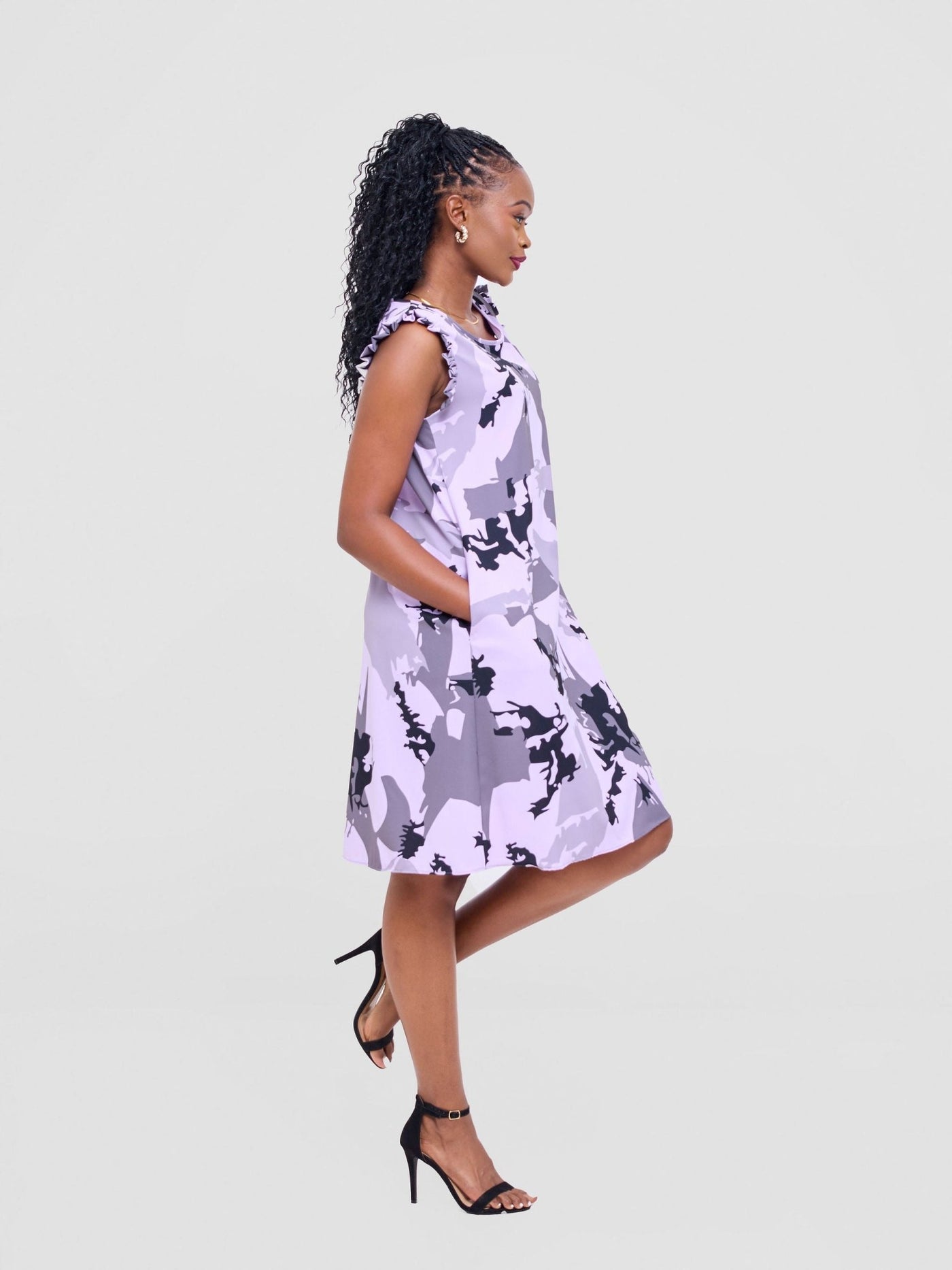 Vivo Ava Tent Knee Length Dress - Purple / Black Nurra Print - Shopzetu