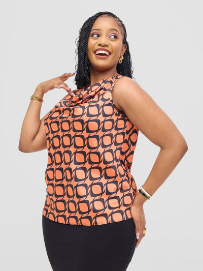 Vivo Isabi Cowl Top - Orange / Black Tiki Print - Shopzetu
