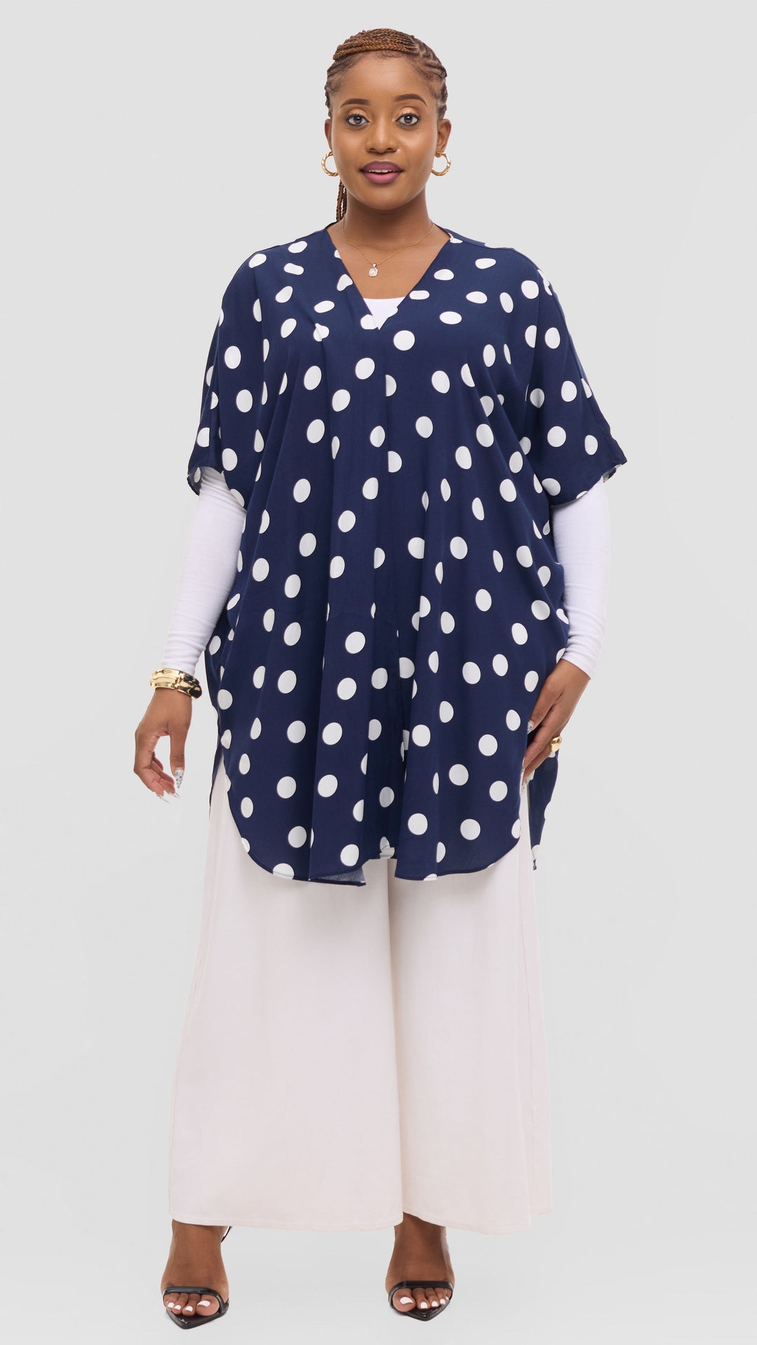 Vivo Samira Wide Kimono in Rayon - Navy / White Polka Dot