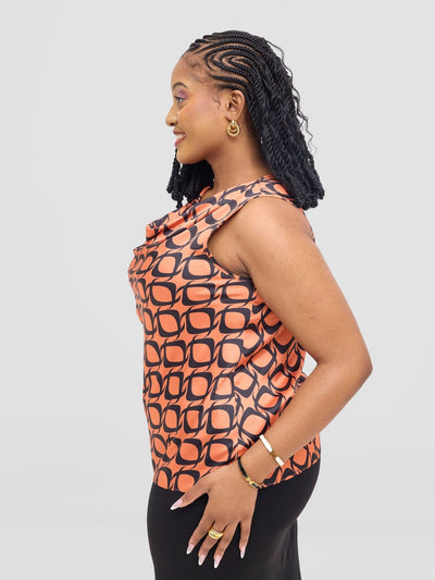 Vivo Isabi Cowl Top - Orange / Black Tiki Print - Shopzetu