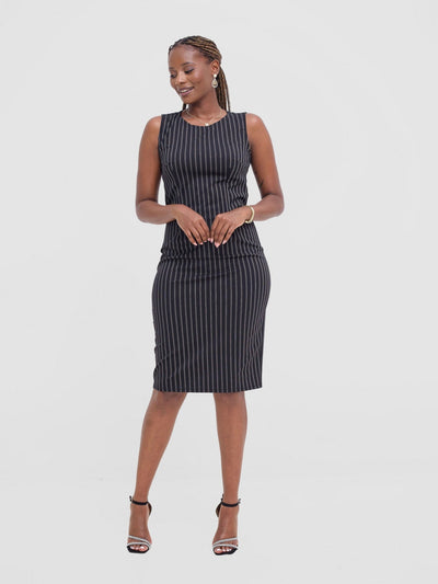 Vivo Paji Round Neck Sheath Dress - Black / White Stripes - Shopzetu
