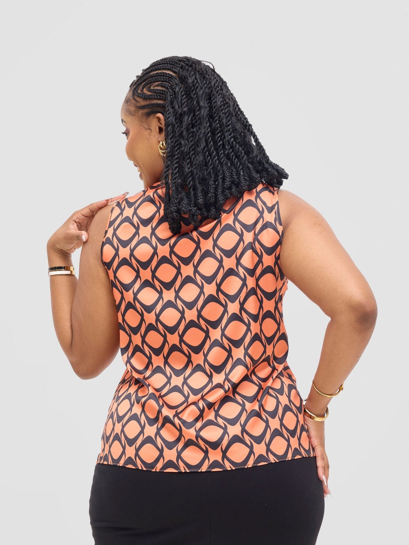 Vivo Isabi Cowl Top - Orange / Black Tiki Print - Shopzetu