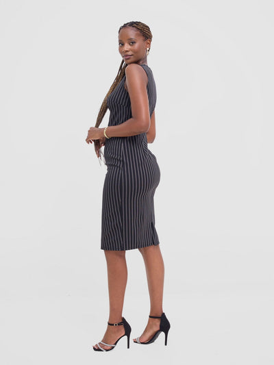 Vivo Paji Round Neck Sheath Dress - Black / White Stripes - Shopzetu