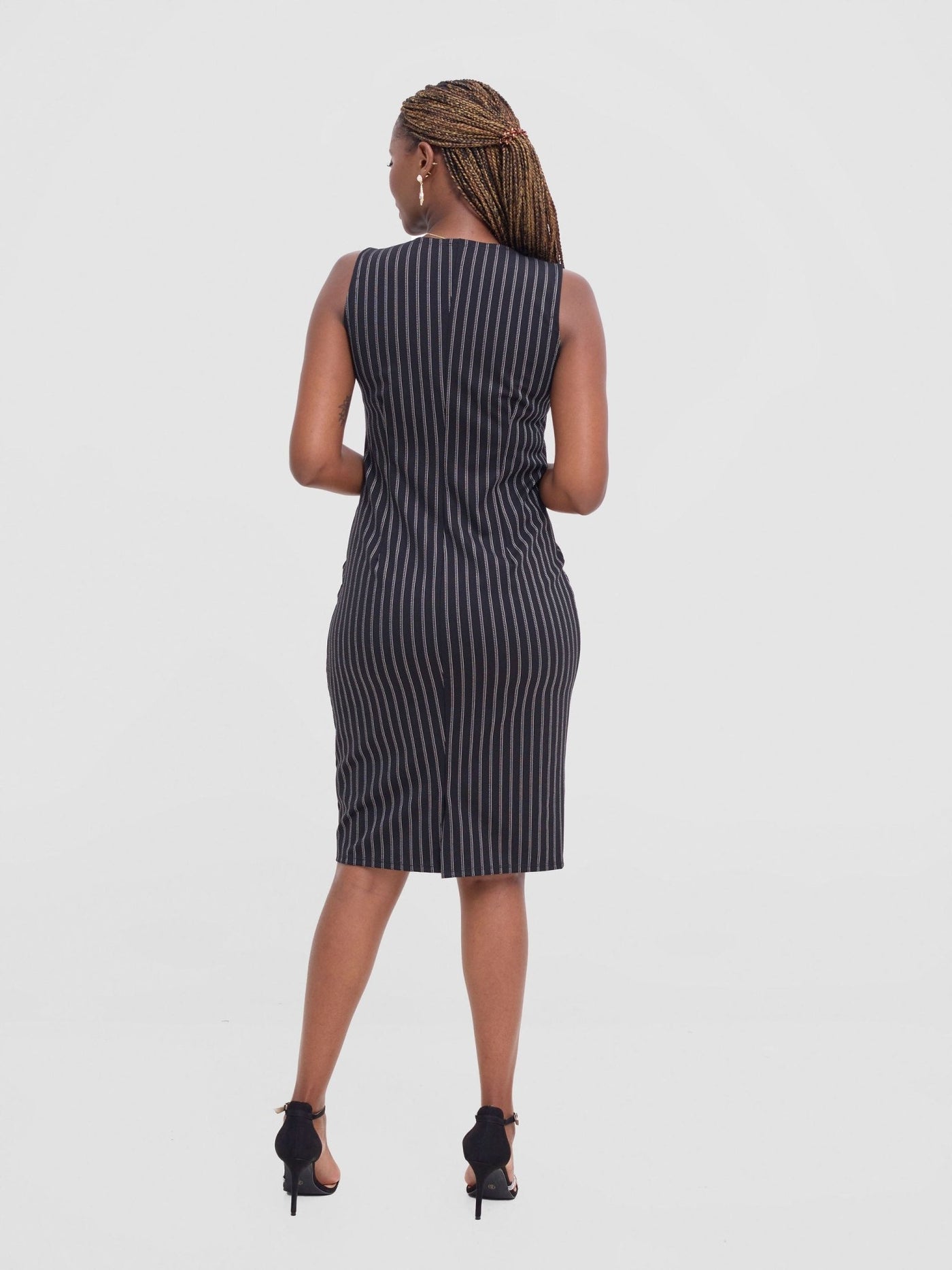 Vivo Paji Round Neck Sheath Dress - Black / White Stripes - Shopzetu