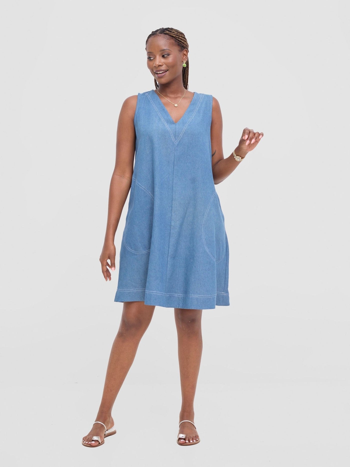 Vivo Seli V - Neck Knee Length Dress - Light Blue - Shopzetu
