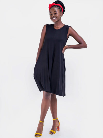 Vivo Basic Julia Back Pleat Knee Length Dress - Black - Shopzetu